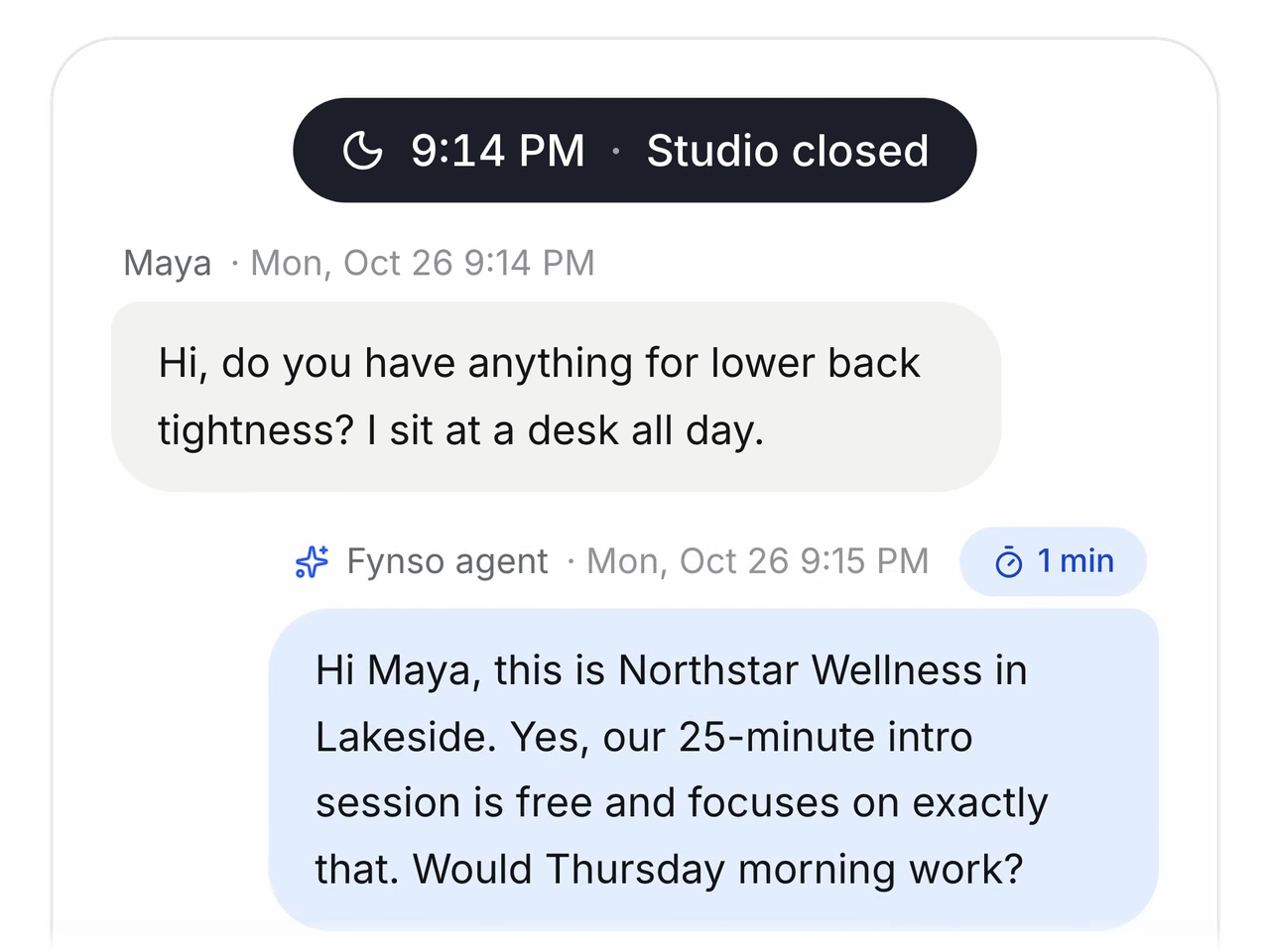 Example from the Fynso product tour: a lead's journey from inquiry to a booked visit.
